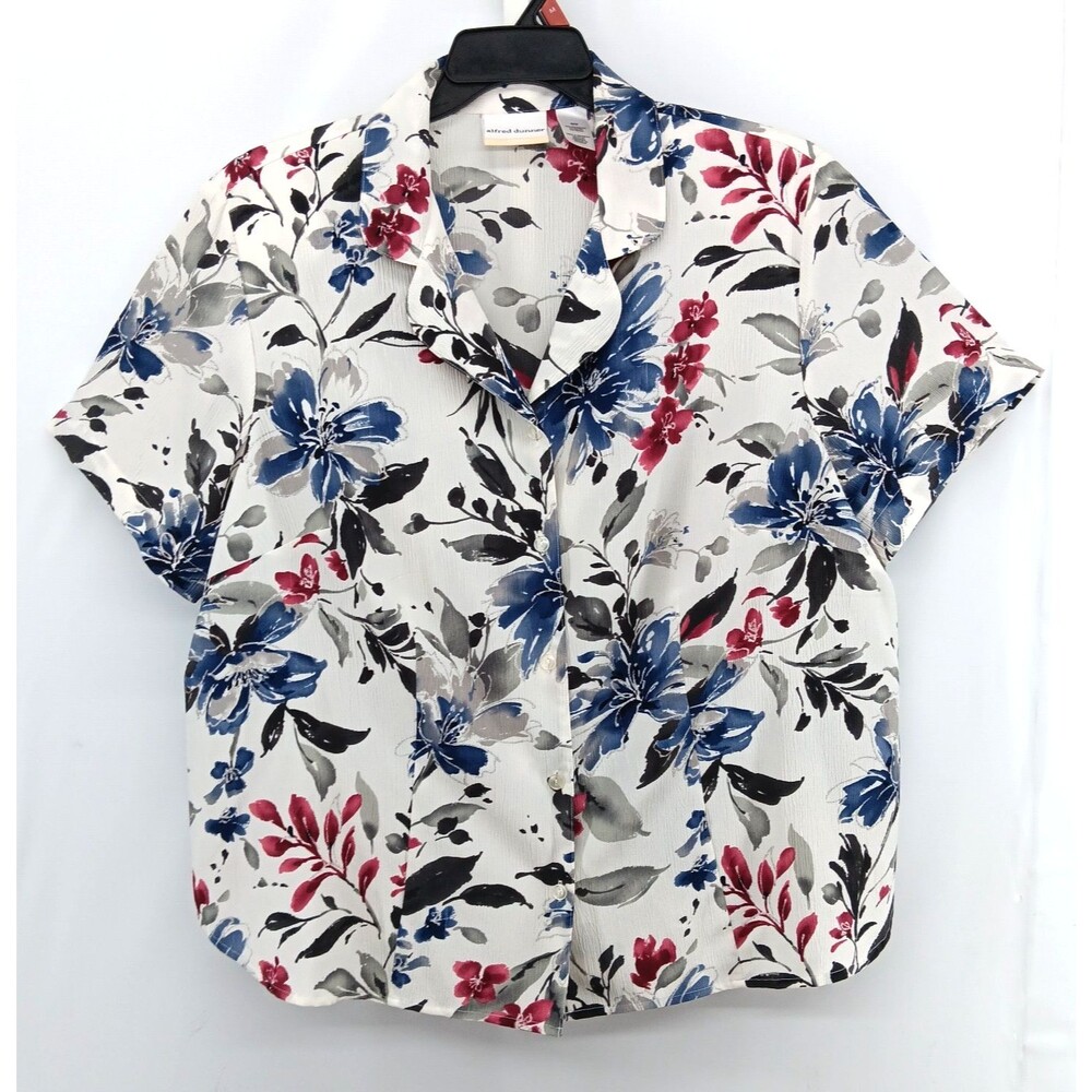 Alfred Dunner Shirt Women Plus Size 20W White Floral Short Sleeve Button Up Top